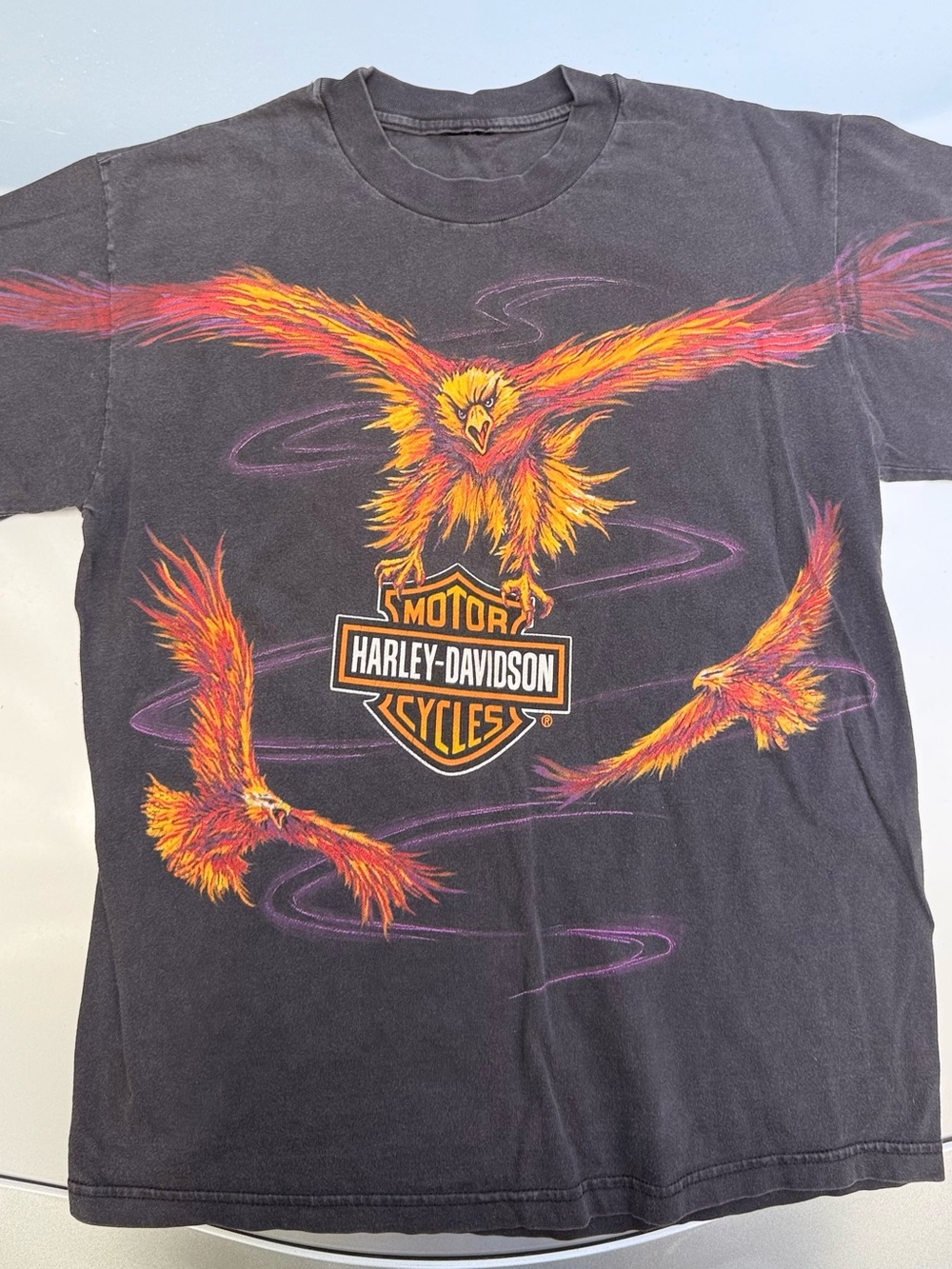 Harley-Davidson Black T-Shirt with Orange & Purple Flaming Eagles